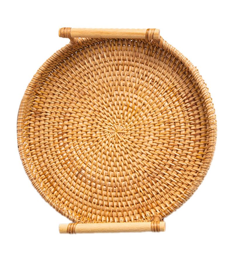 Hand Woven Round Rattan Serving Tray Bread Fruit Dessert Snack Basket with Handles Diameter 24cm Height 3cm