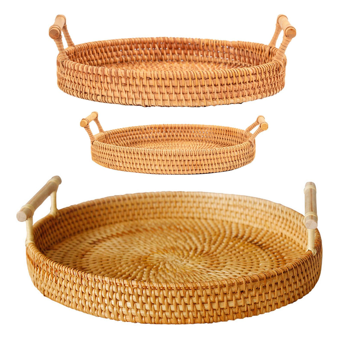 Hand Woven Round Rattan Serving Tray Bread Fruit Dessert Snack Basket with Handles 3 Piece Set