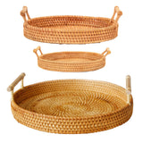 Hand Woven Round Rattan Serving Tray Bread Fruit Dessert Snack Basket with Handles 3 Piece Set