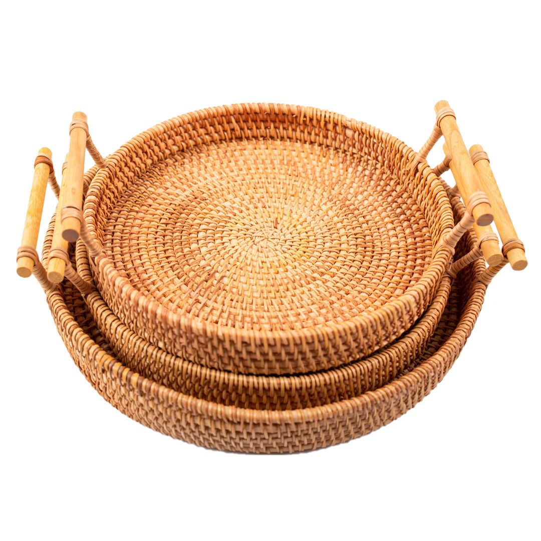 Hand Woven Round Rattan Serving Tray Bread Fruit Dessert Snack Basket with Handles 3 Piece Set