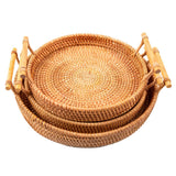 Hand Woven Round Rattan Serving Tray Bread Fruit Dessert Snack Basket with Handles 3 Piece Set - Side View