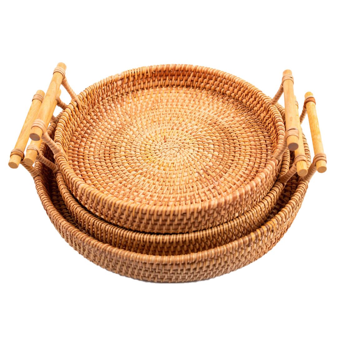 Hand Woven Round Rattan Serving Tray Bread Fruit Dessert Snack Basket with Handles 3 Piece Set