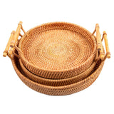 Hand Woven Round Rattan Serving Tray Bread Fruit Dessert Snack Basket with Handles 3 Piece Set
