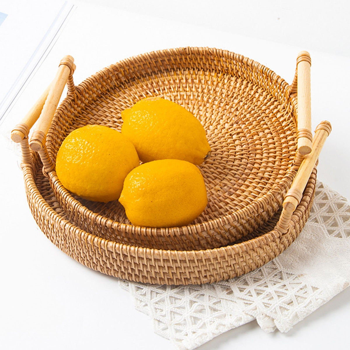 Hand Woven Round Rattan Serving Tray Bread Fruit Dessert Snack Basket with Handles 3 Piece Set