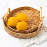Hand Woven Round Rattan Serving Tray Bread Fruit Dessert Snack Basket with Handles 3 Piece Set