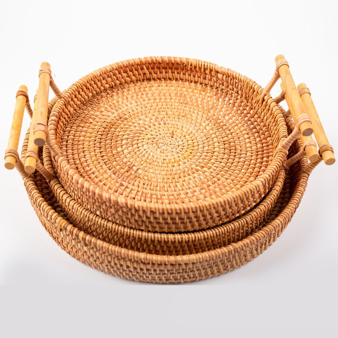 Hand Woven Round Rattan Serving Tray Bread Fruit Dessert Snack Basket with Handles 3 Piece Set