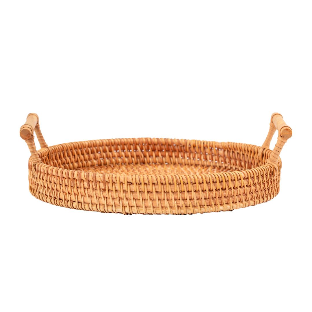 Hand Woven Round Rattan Serving Tray Bread Fruit Dessert Snack Basket with Handles 3 Piece Set