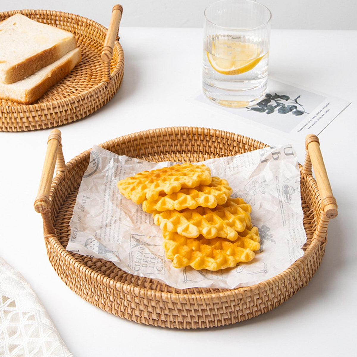 Hand Woven Round Rattan Serving Tray Bread Fruit Dessert Snack Basket with Handles 3 Piece Set