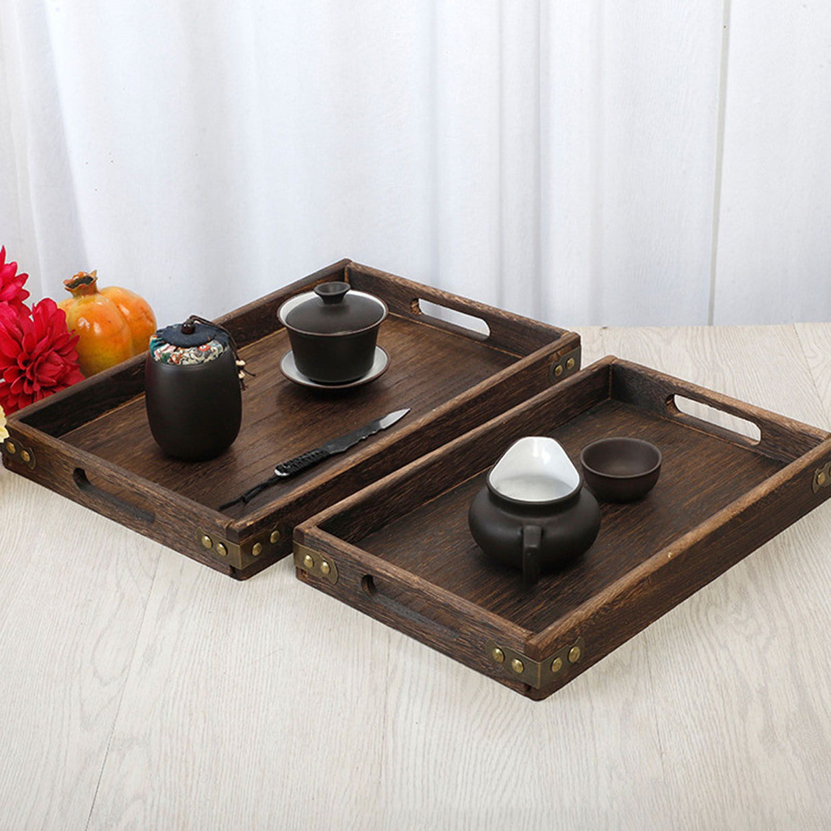 Wood Tea Tray Fade Resistant Exquisite Retro Reinforced Rectangular Tea Serving Tray