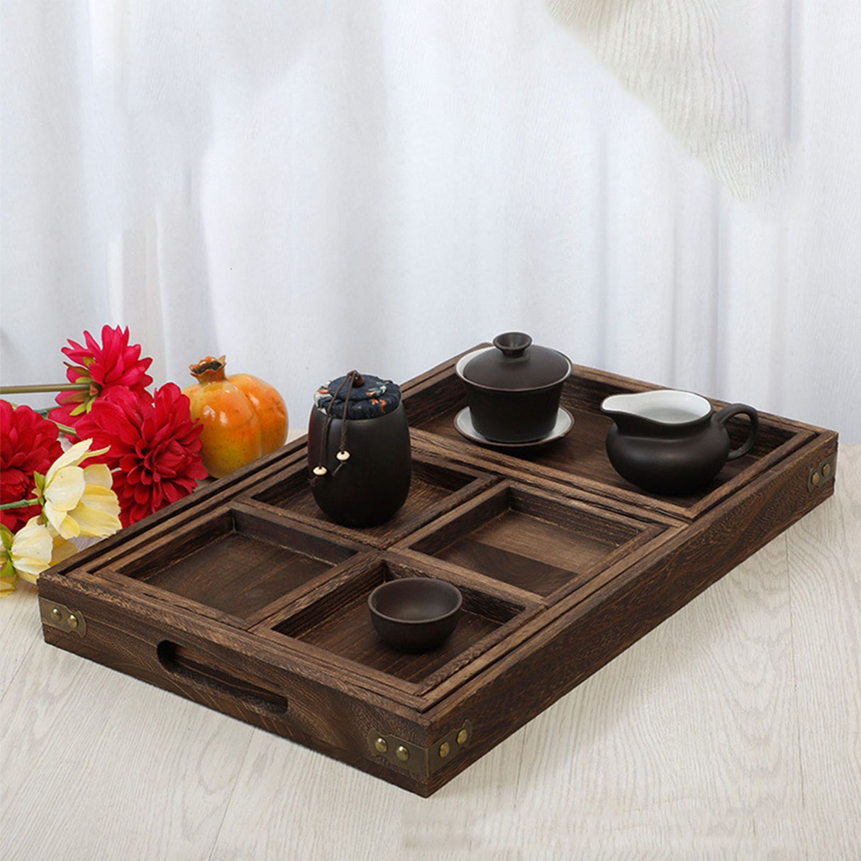 Wood Tea Tray Fade Resistant Exquisite Retro Reinforced Rectangular Tea Serving Tray
