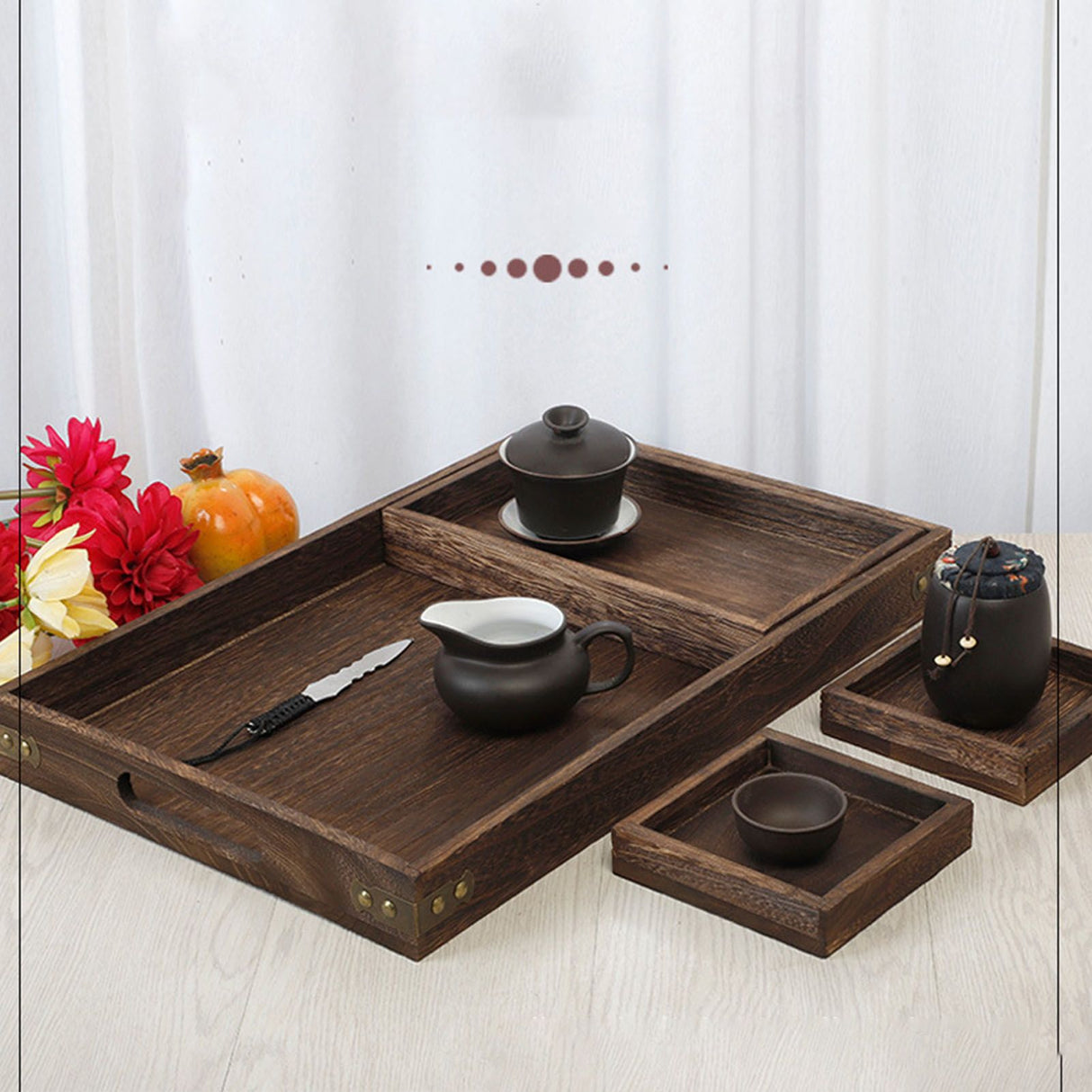 Wood Tea Tray Fade Resistant Exquisite Retro Reinforced Rectangular Tea Serving Tray