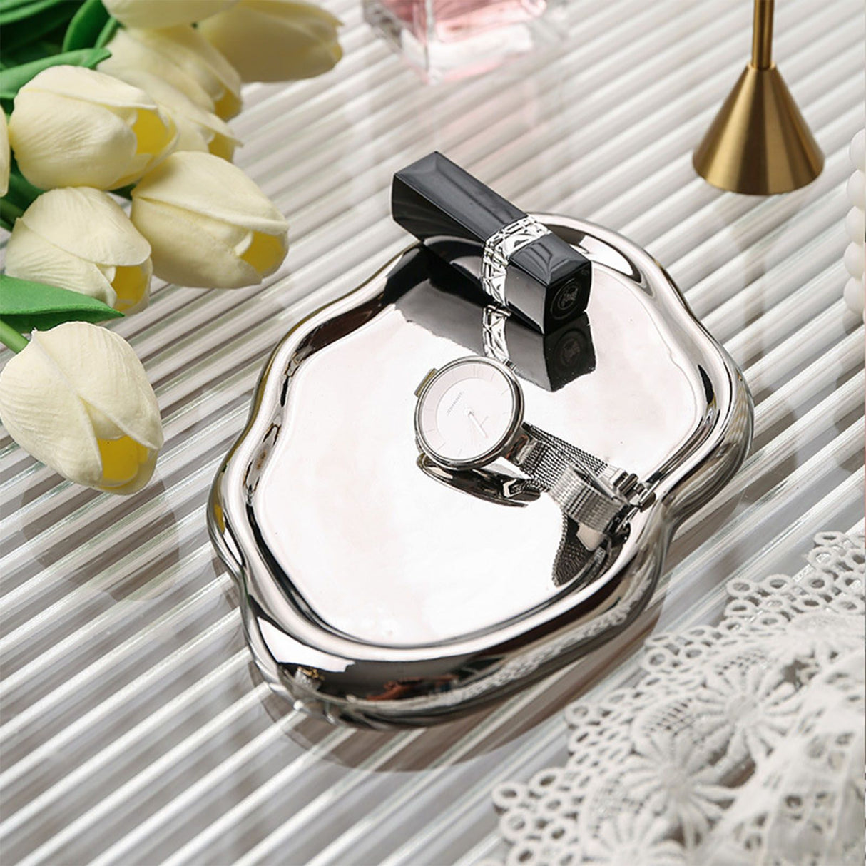 Jewelry Plate Ceramic Glossy Appearance Simple Modern Stylish Storage Tray for Home Gift Silver Oval
