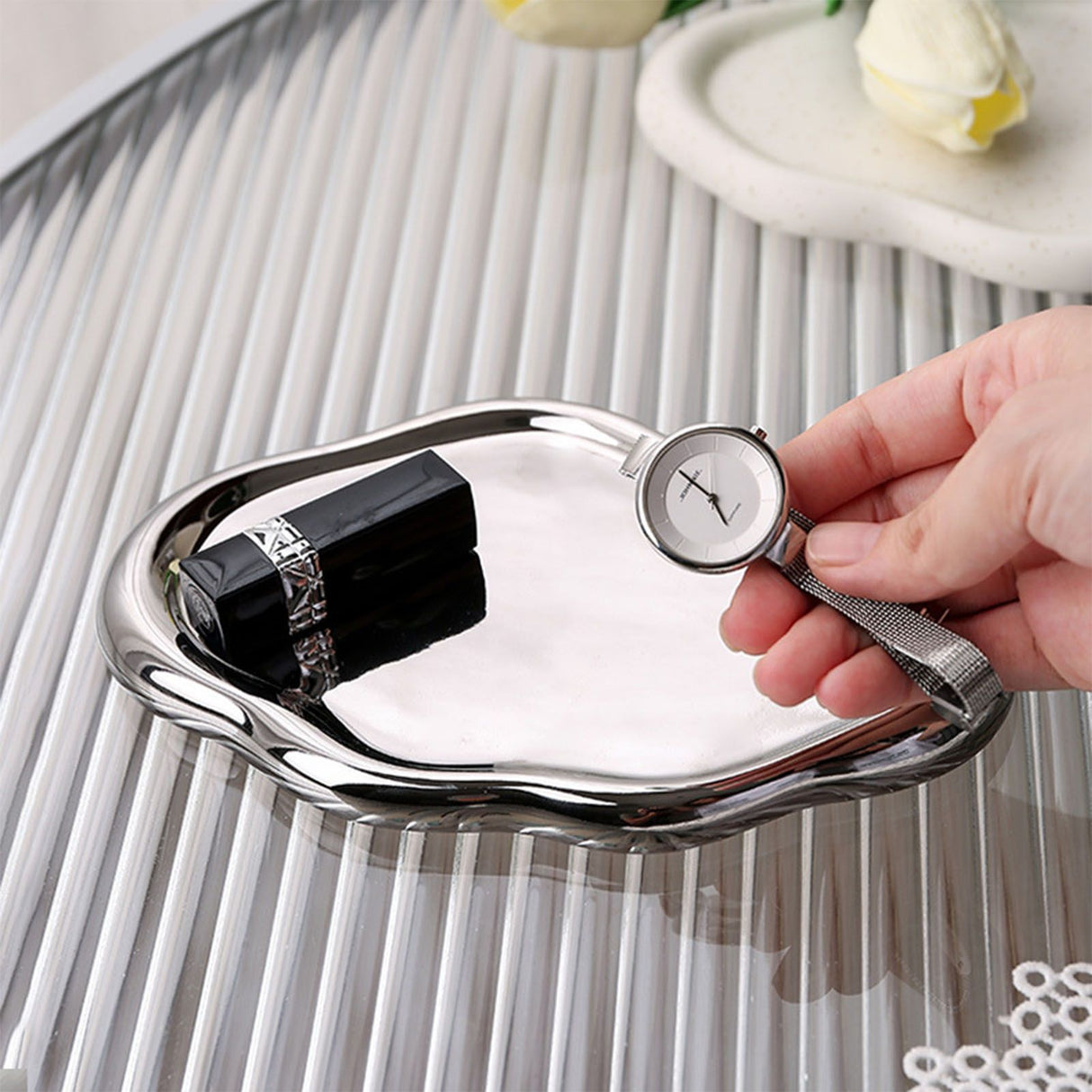 Jewelry Plate Ceramic Glossy Appearance Simple Modern Stylish Storage Tray for Home Gift Silver Oval