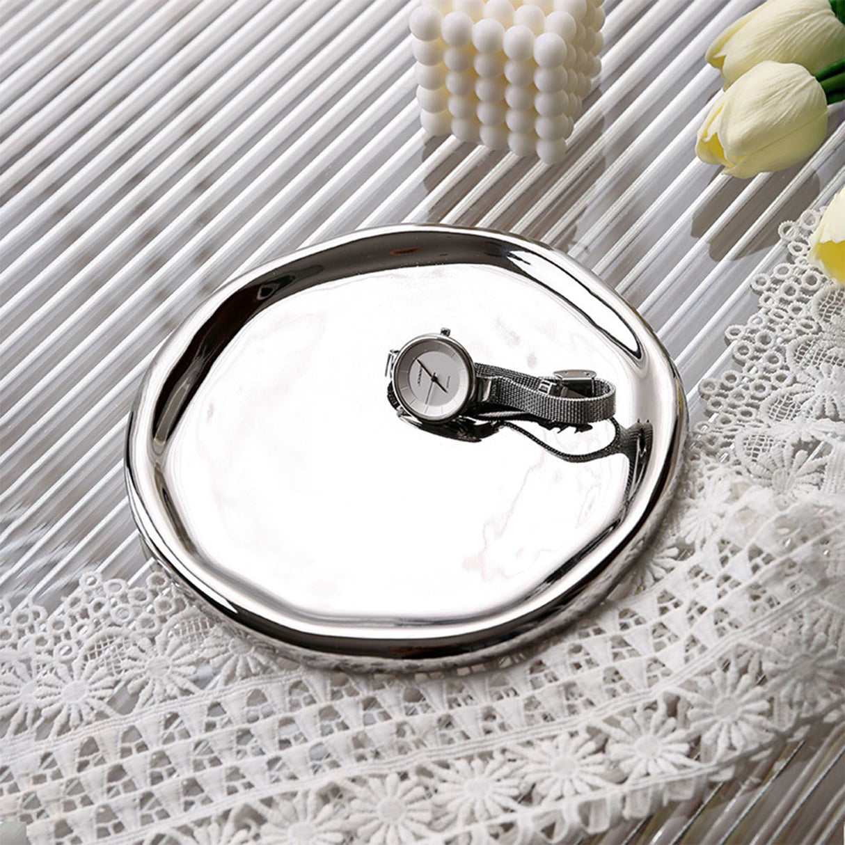 Jewelry Plate Ceramic Glossy Appearance Simple Modern Stylish Storage Tray for Home Gift Silver Oval