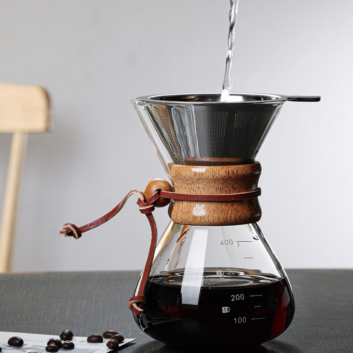 Pour Over Coffee Maker 400ml Double Layer Filter V Spout Wooden Sleeve Coffee Brewer for Home Cafe Party