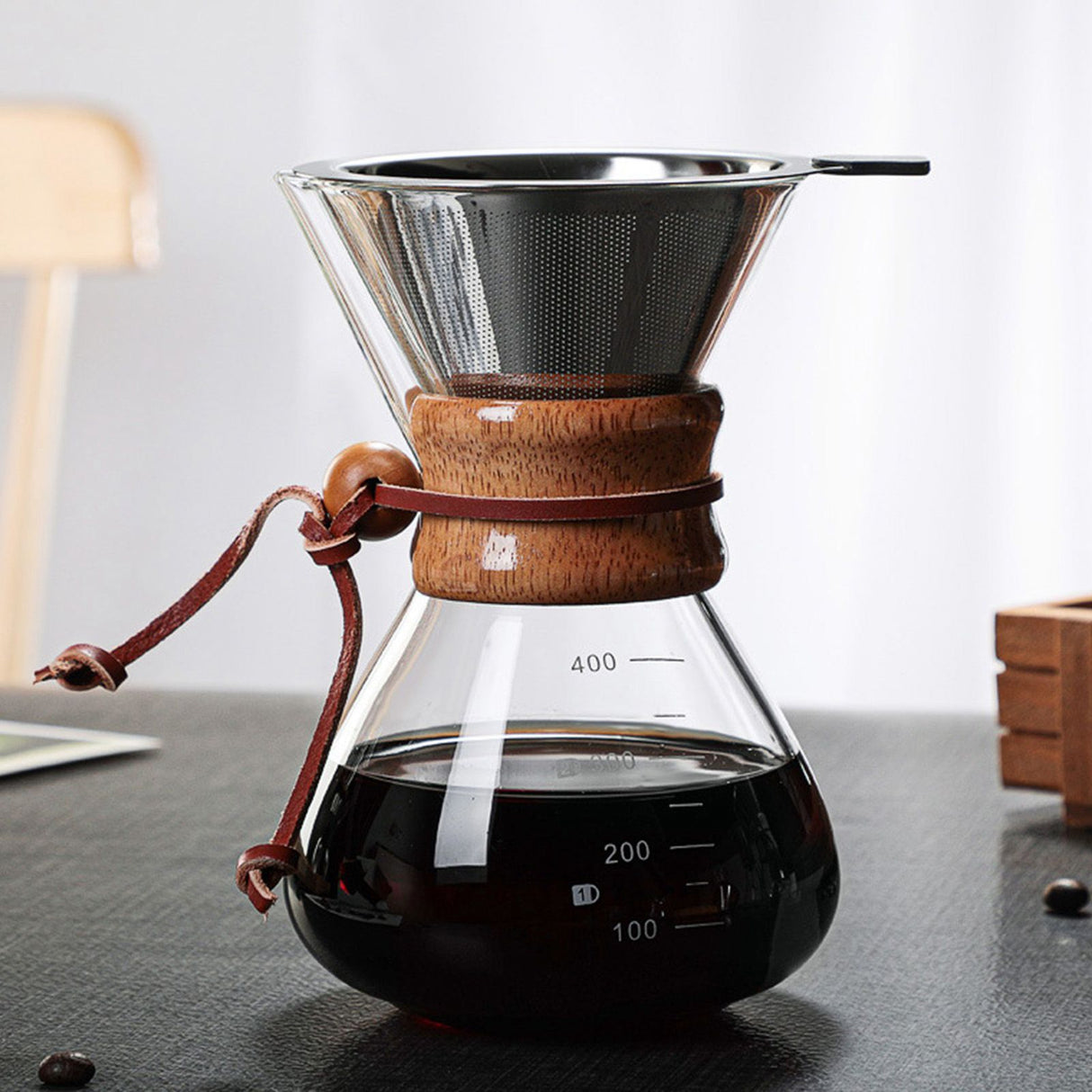 Pour Over Coffee Maker 400ml Double Layer Filter V Spout Wooden Sleeve Coffee Brewer for Home Cafe Party