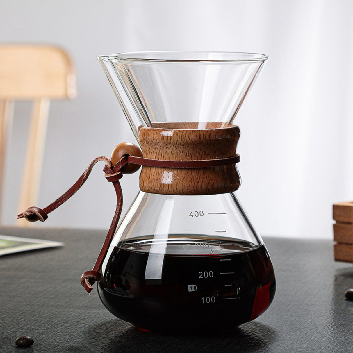 Pour Over Coffee Maker 400ml Double Layer Filter V Spout Wooden Sleeve Coffee Brewer for Home Cafe Party