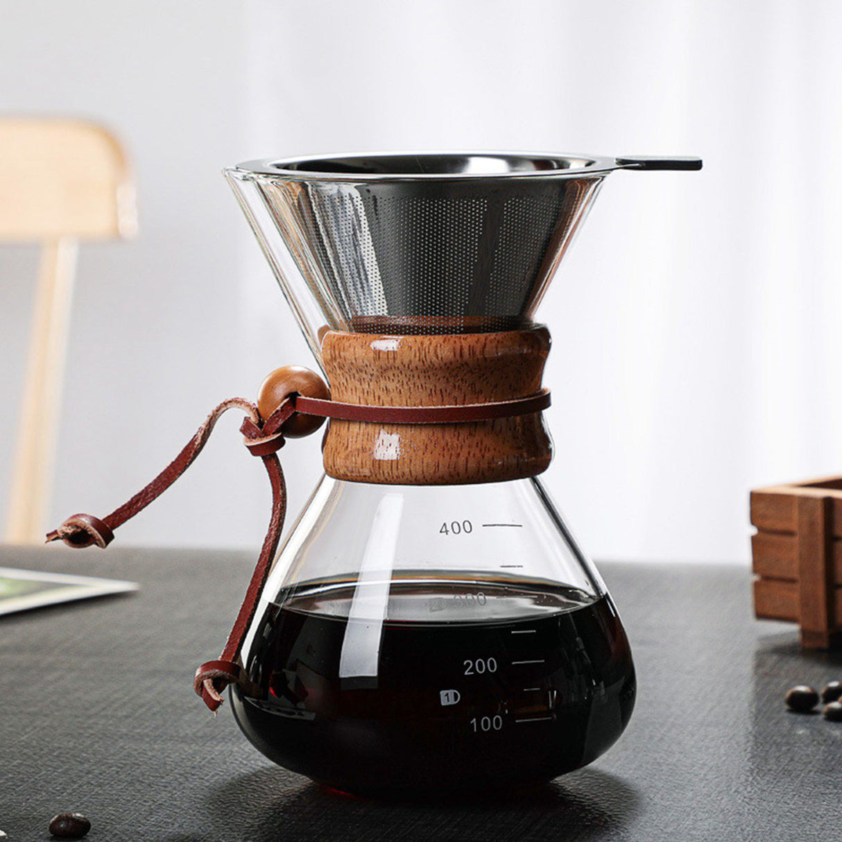Pour Over Coffee Maker 400ml Double Layer Filter V Spout Wooden Sleeve Coffee Brewer for Home Cafe Party