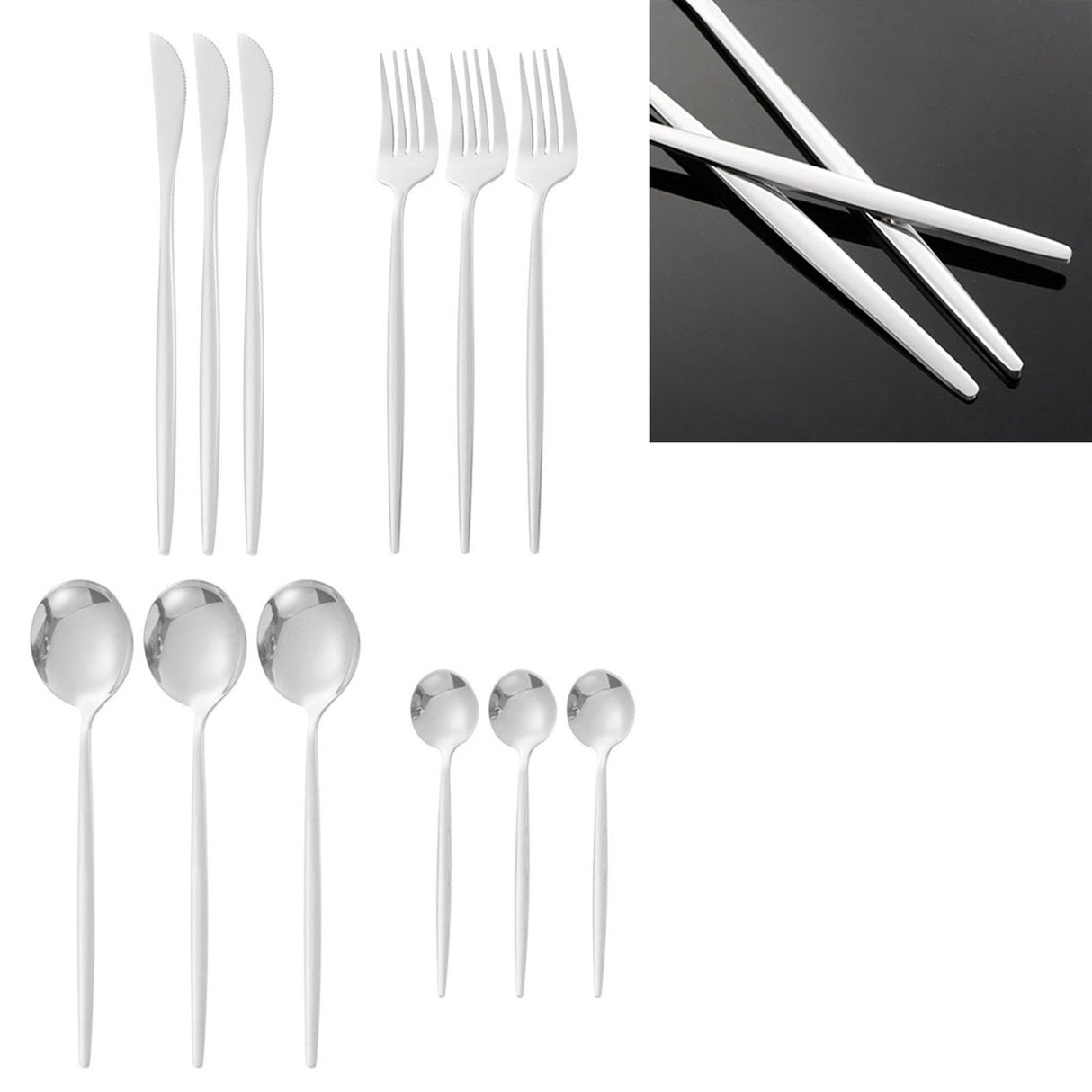12Pcs Tableware Set Spoons Knives Forks Glossy 410 Stainless Steel Cutlery Set for Home Restaurant Silver