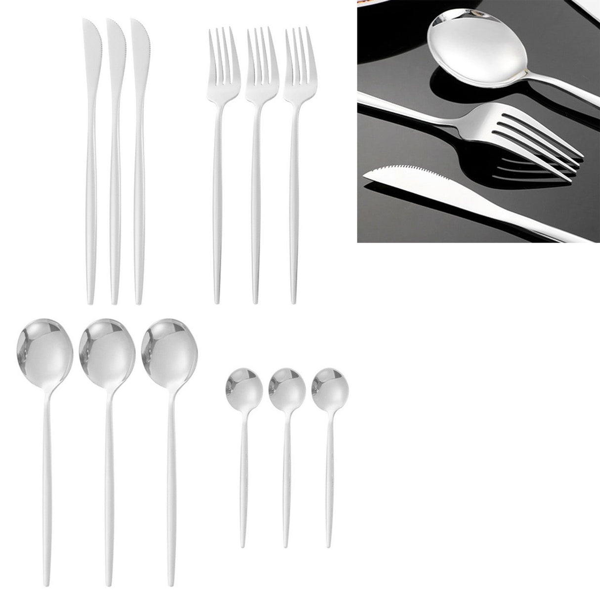 12Pcs Tableware Set Spoons Knives Forks Glossy 410 Stainless Steel Cutlery Set for Home Restaurant Silver