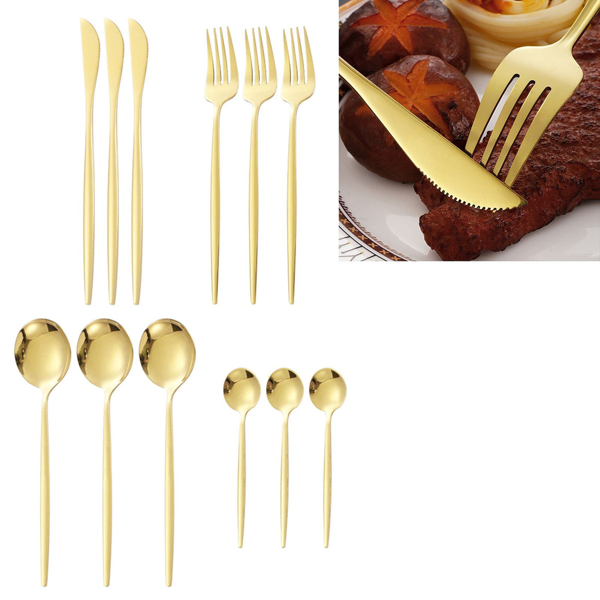 12Pcs Tableware Set Spoons Knives Forks Glossy 410 Stainless Steel Cutlery Set for Home Restaurant Gold