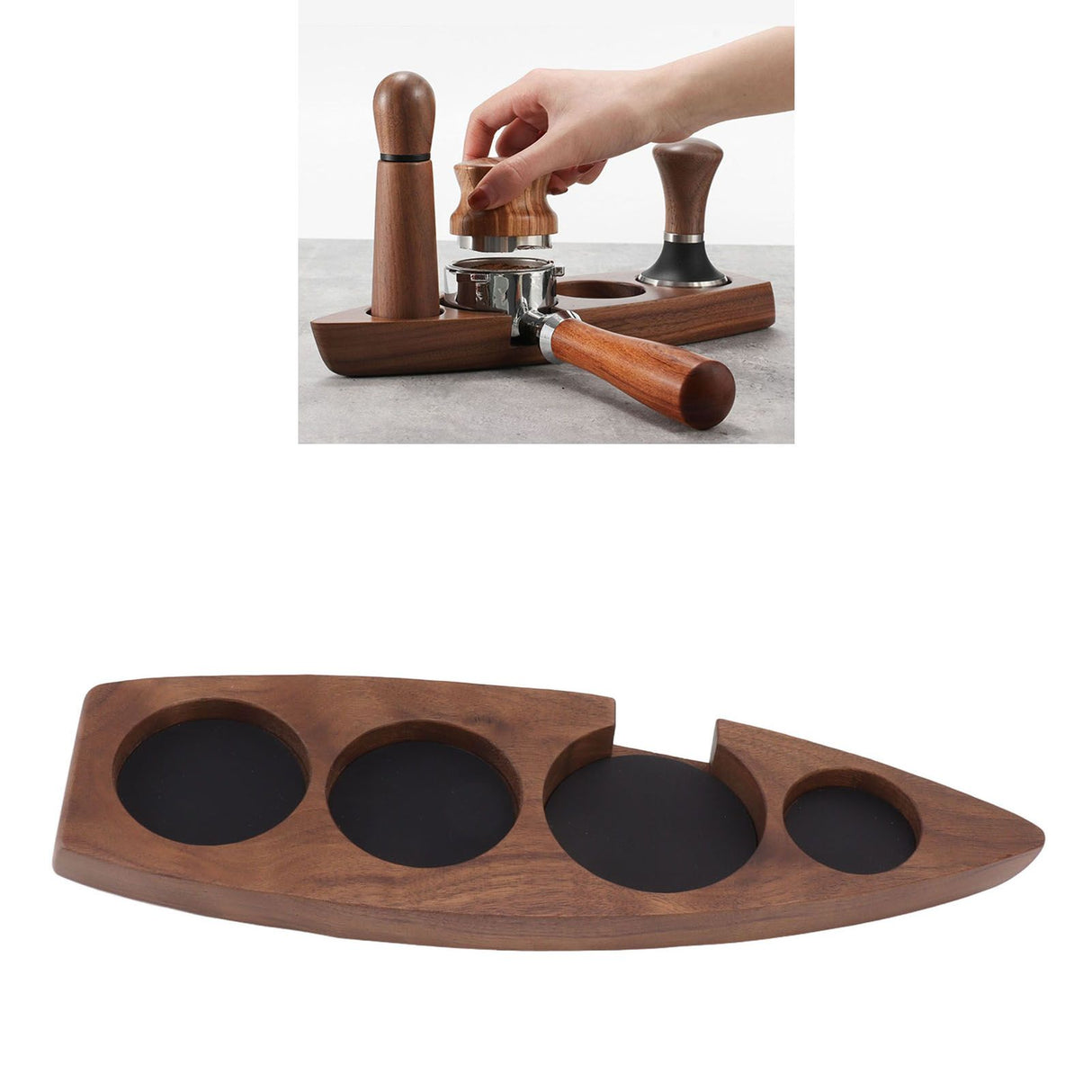 Boat Shape Coffee Tamper Holder Walnut Wood Coffee Distributor Holder Station for Cafe Western Restaurant Bar Family Kitchen 51mm
