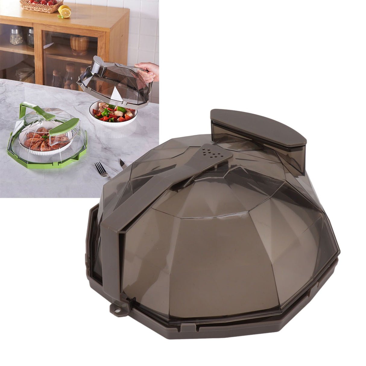 Microwave Splash Heating Cover PC Food Splatter Guard with Extension Handle for Kitchen Cooking Brown