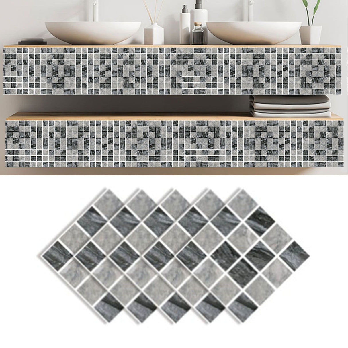 30PCS Mosaic Wallpaper PVC 3D Waterproof Oil Proof Self Adhesive Wall Sticker for Kitchen Countertops Light Grey Lattice