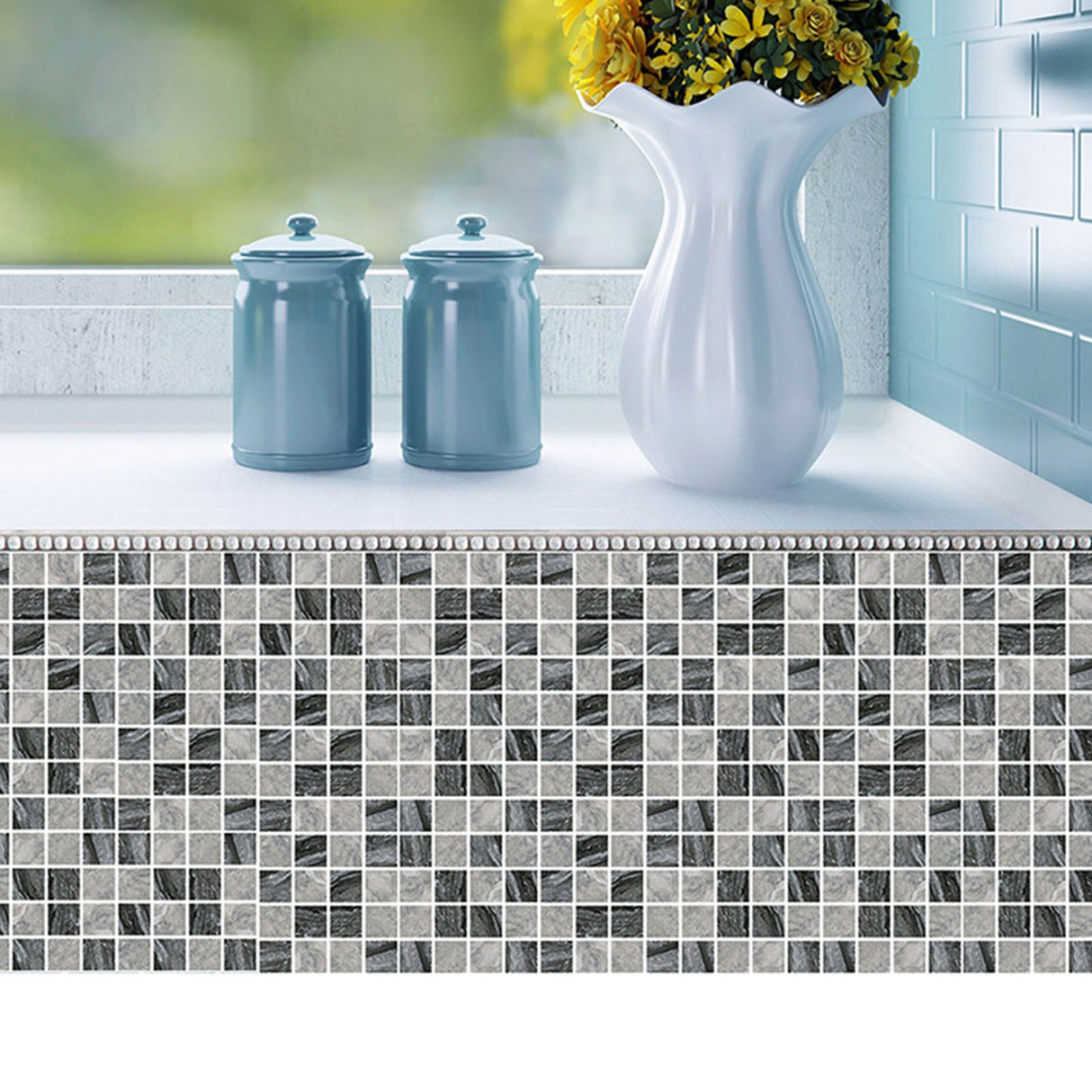 30PCS Mosaic Wallpaper PVC 3D Waterproof Oil Proof Self Adhesive Wall Sticker for Kitchen Countertops Light Grey Lattice