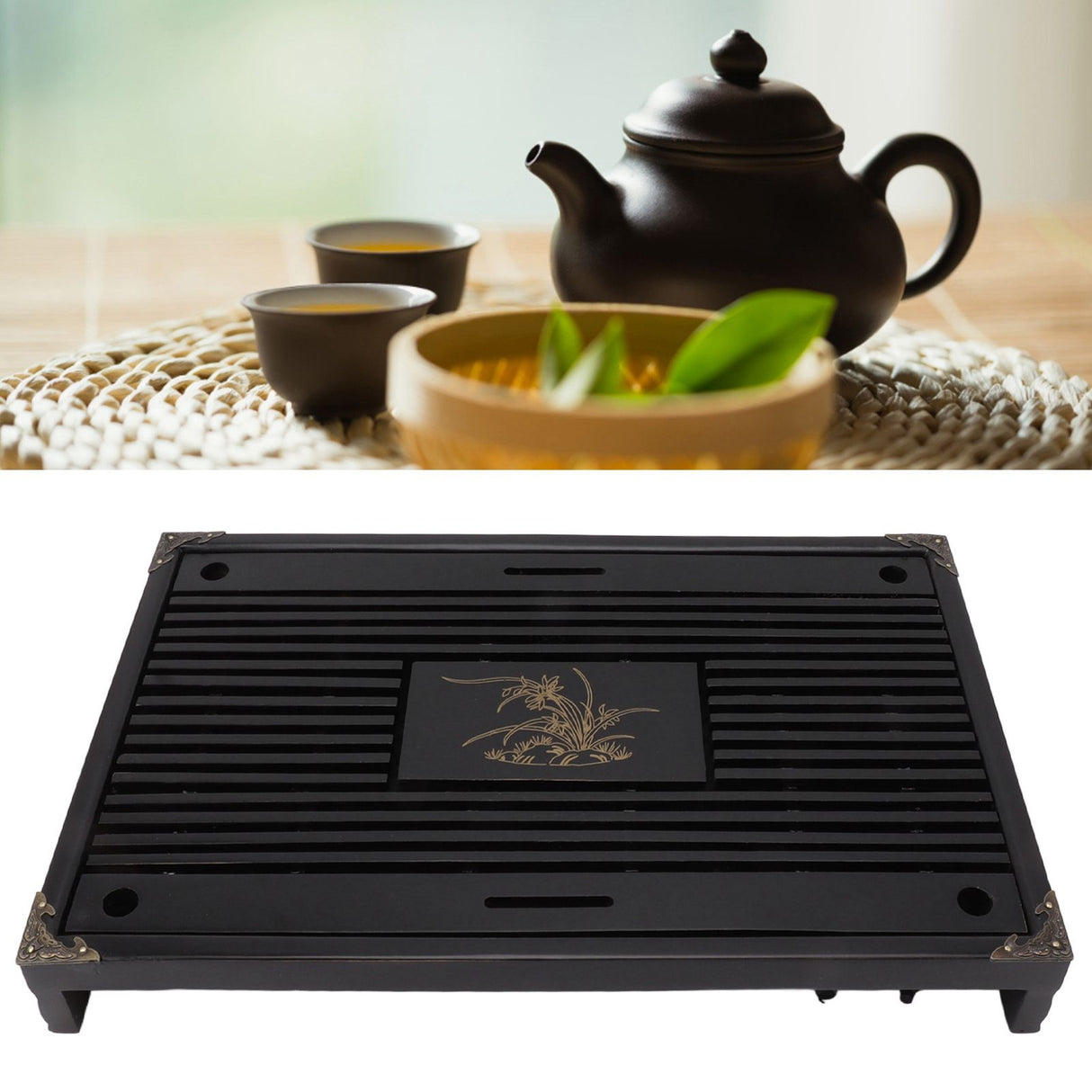 Gongfu Tea Tray Water Storage Drainage Home Decoration Ornament Serving Tray for Office Black