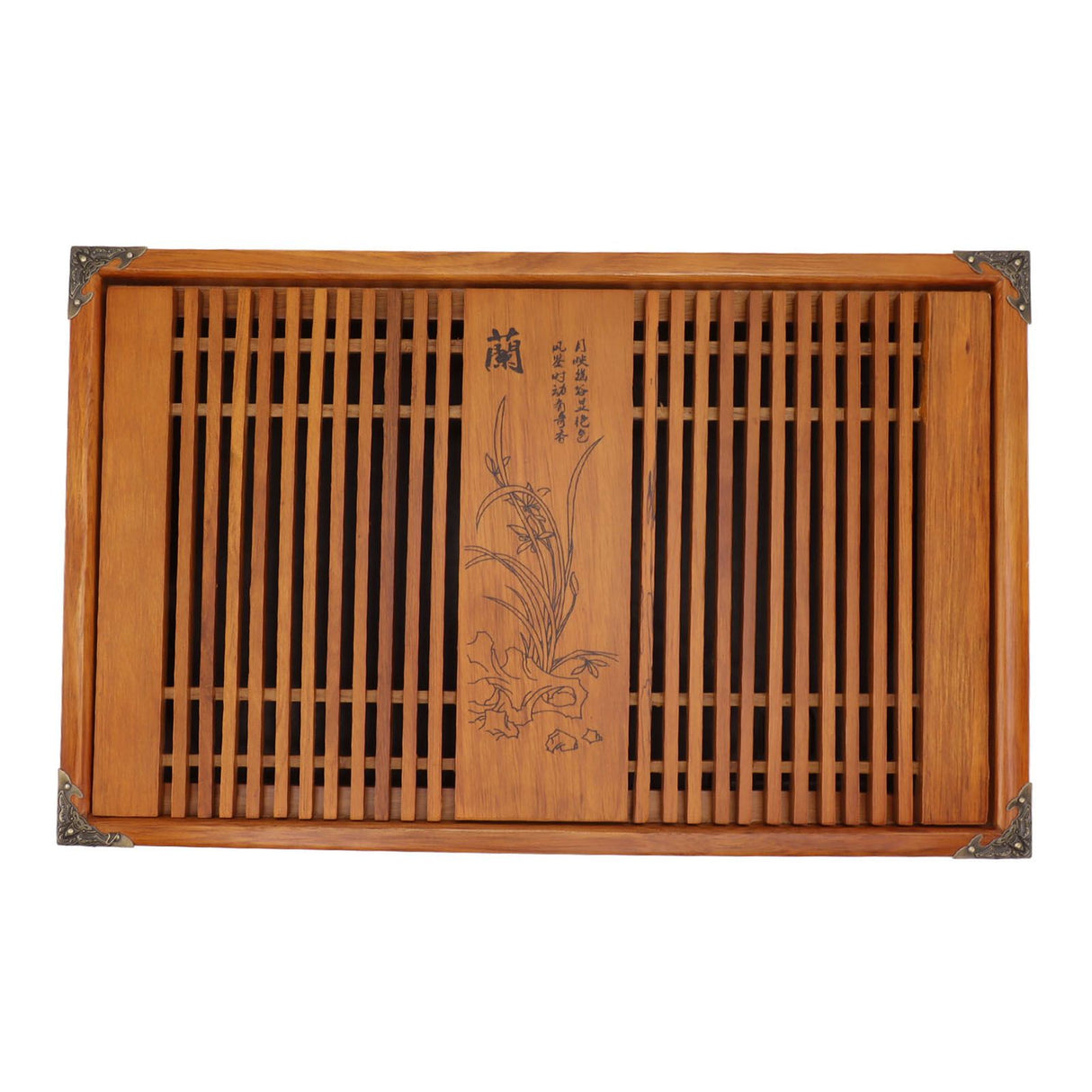Kungfu Tea Tray Chinese Gongfu Tea Tray Drainage Water Storage Wood Tea Table with Drain Pipe Yellow Orchid