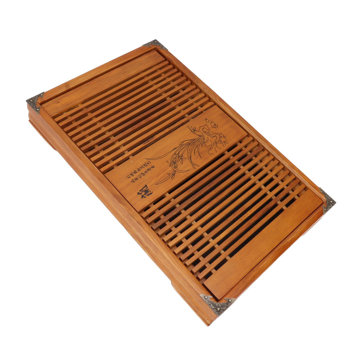 Kungfu Tea Tray Chinese Gongfu Tea Tray Drainage Water Storage Wood Tea Table with Drain Pipe Yellow Orchid