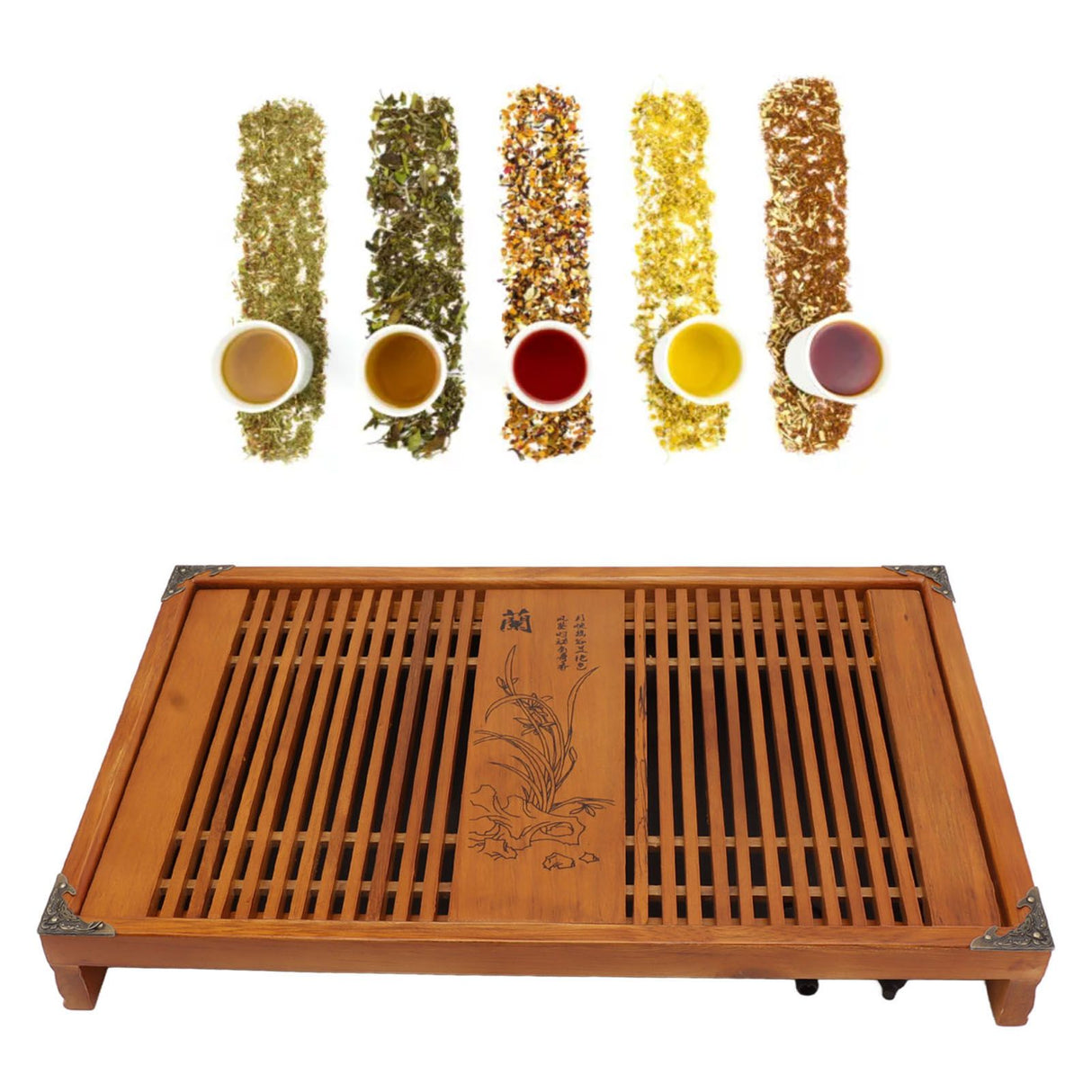 Kungfu Tea Tray Chinese Gongfu Tea Tray Drainage Water Storage Wood Tea Table with Drain Pipe Yellow Orchid