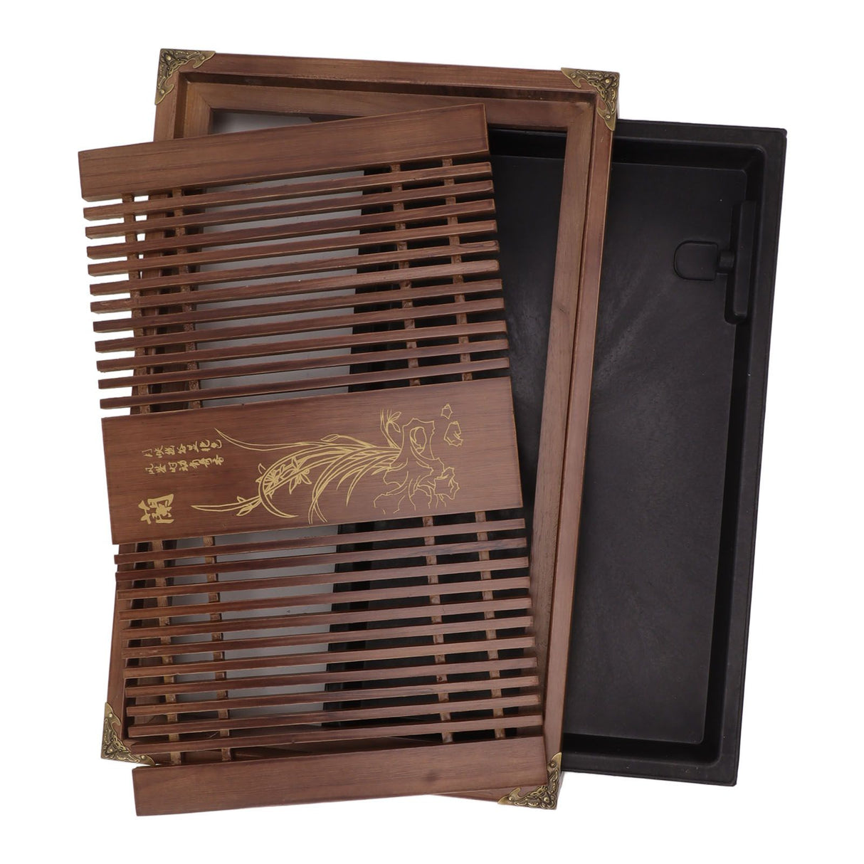 Kungfu Tea Tray Chinese Gongfu Tea Tray Drainage Water Storage Wood Tea Table with Drain Pipe Light Black Orchid