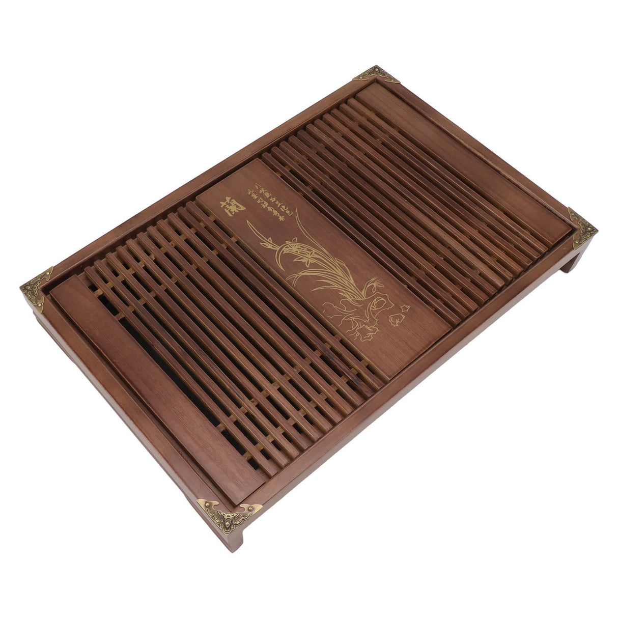 Kungfu Tea Tray Chinese Gongfu Tea Tray Drainage Water Storage Wood Tea Table with Drain Pipe Light Black Orchid