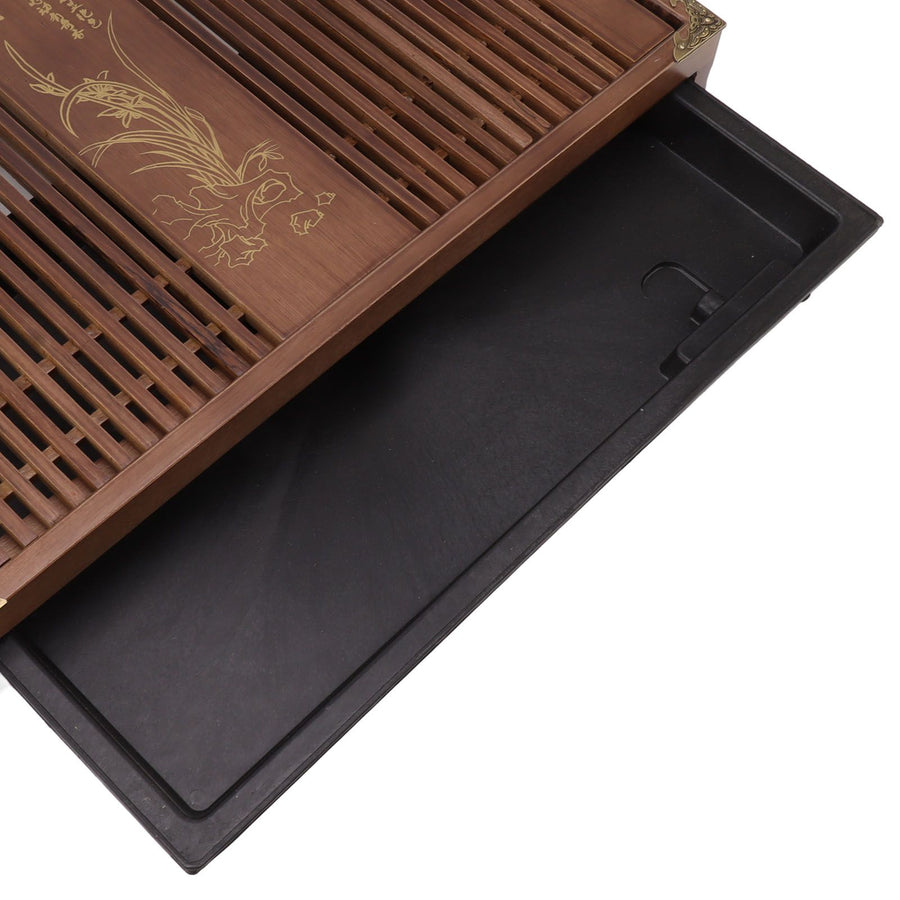 Kungfu Tea Tray Chinese Gongfu Tea Tray Drainage Water Storage Wood Tea Table with Drain Pipe Light Black Orchid