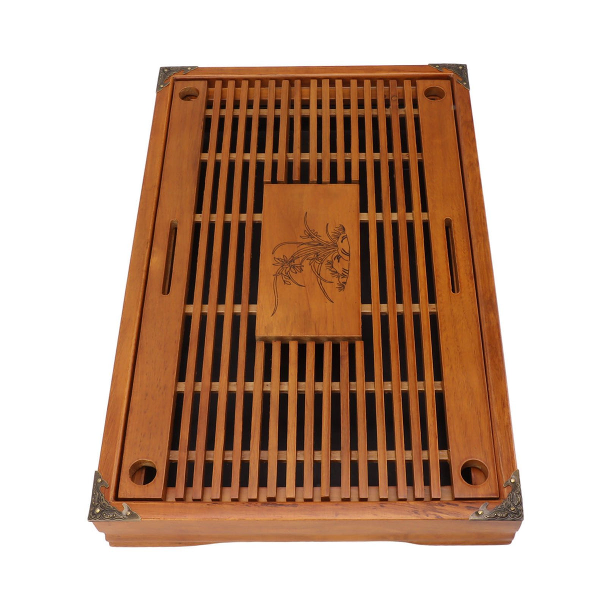 Chinese Style Kongfu Tea Tray Wooden Teaboard Drainage Water Storage Serving Tray Orchid Pattern Yellow