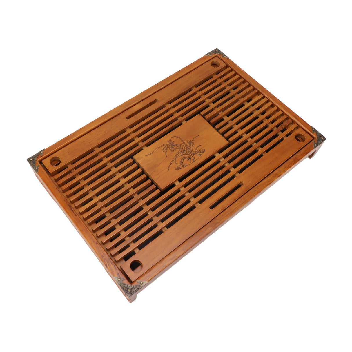 Chinese Style Kongfu Tea Tray Wooden Teaboard Drainage Water Storage Serving Tray Orchid Pattern Yellow