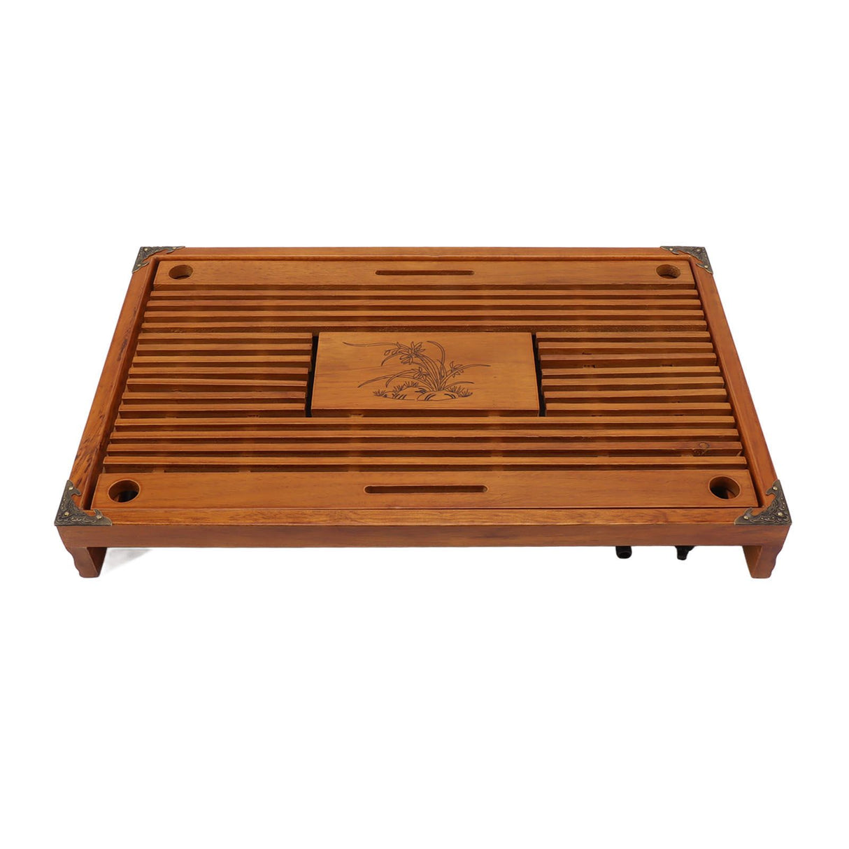 Chinese Style Kongfu Tea Tray Wooden Teaboard Drainage Water Storage Serving Tray Orchid Pattern Yellow