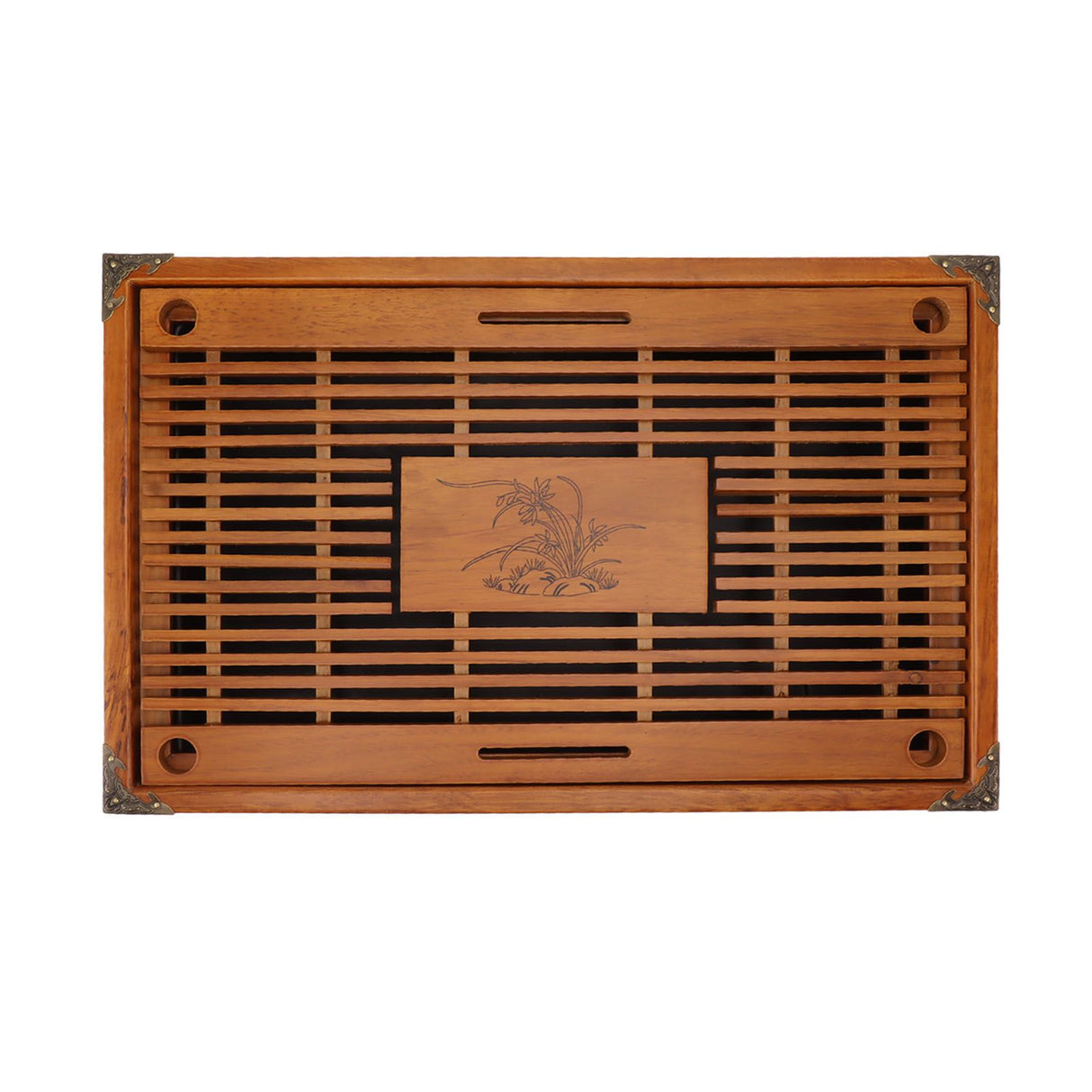 Chinese Style Kongfu Tea Tray Wooden Teaboard Drainage Water Storage Serving Tray Orchid Pattern Yellow