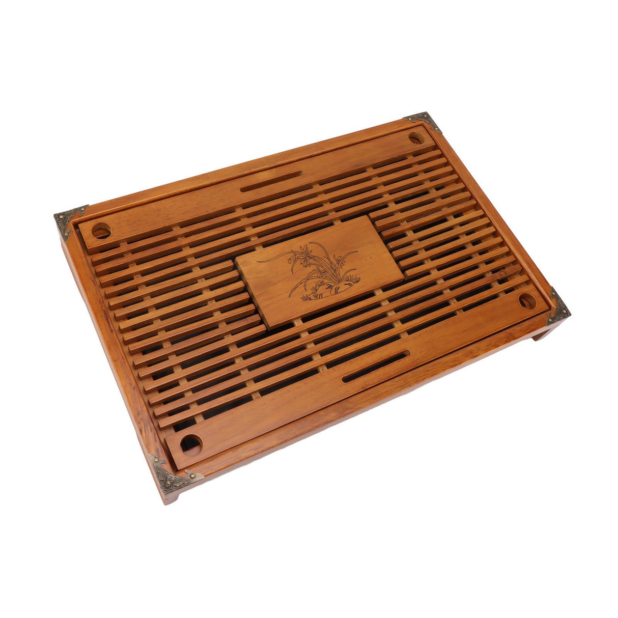 Chinese Style Kongfu Tea Tray Wooden Teaboard Drainage Water Storage Serving Tray Orchid Pattern Yellow
