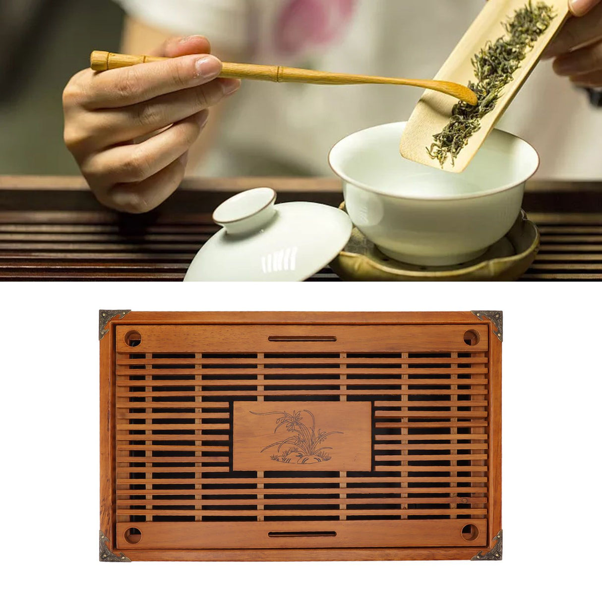 Chinese Style Kongfu Tea Tray Wooden Teaboard Drainage Water Storage Serving Tray Orchid Pattern Yellow
