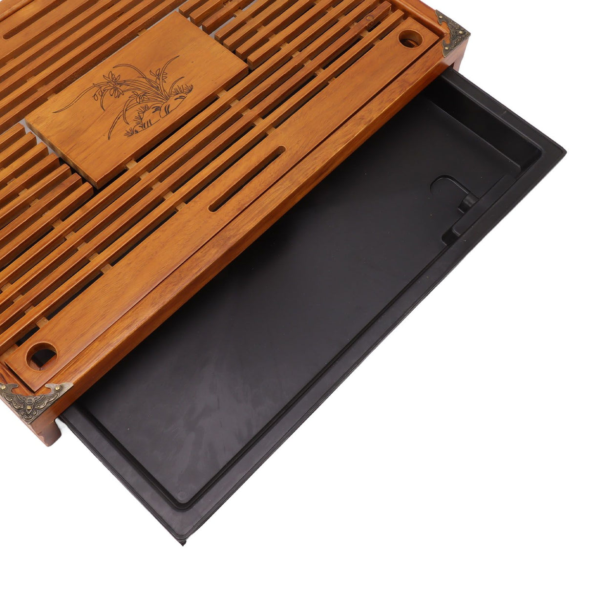 Chinese Style Kongfu Tea Tray Wooden Teaboard Drainage Water Storage Serving Tray Orchid Pattern Yellow