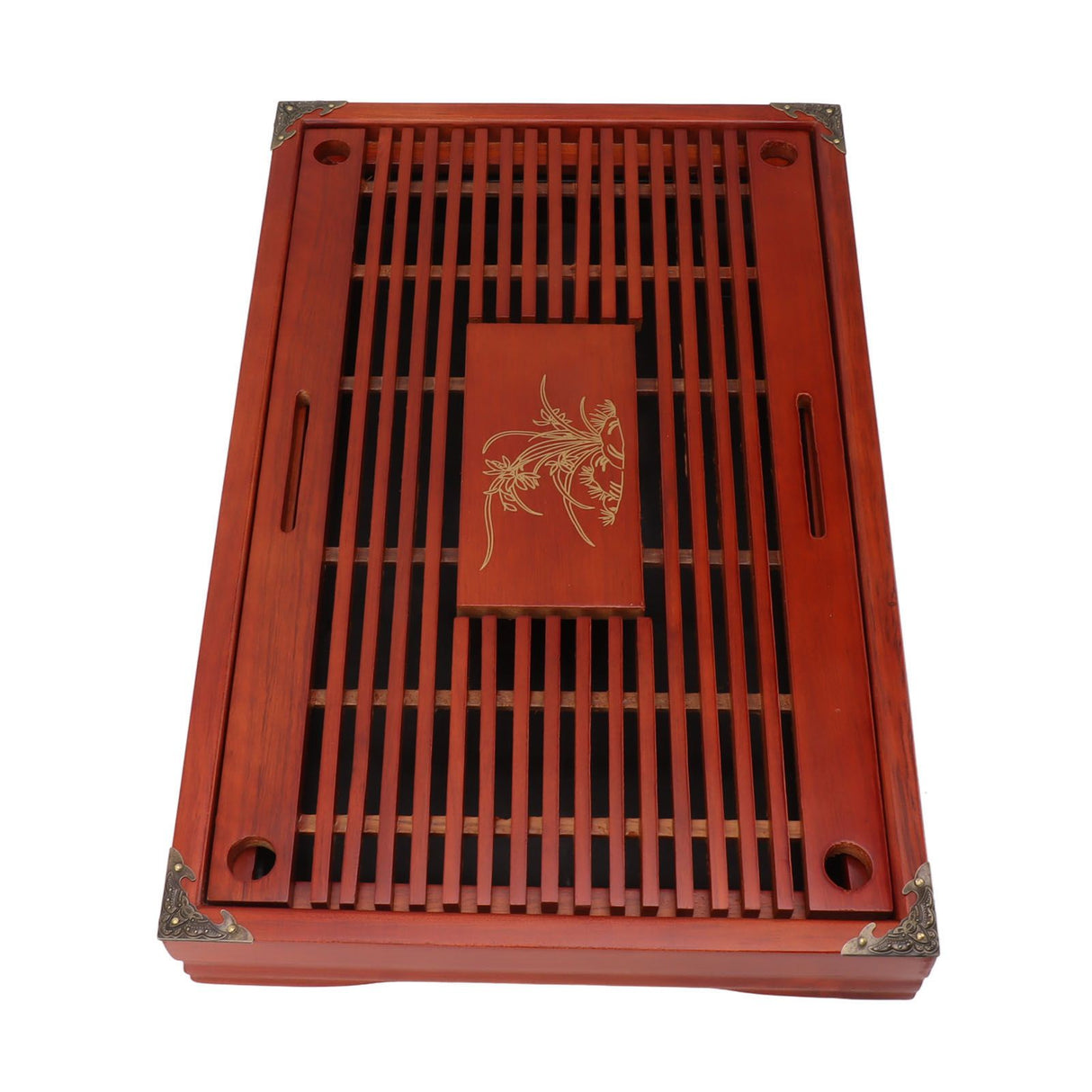Chinese Style Kongfu Tea Tray Wooden Teaboard Drainage Water Storage Serving Tray Orchid Pattern Dark Red