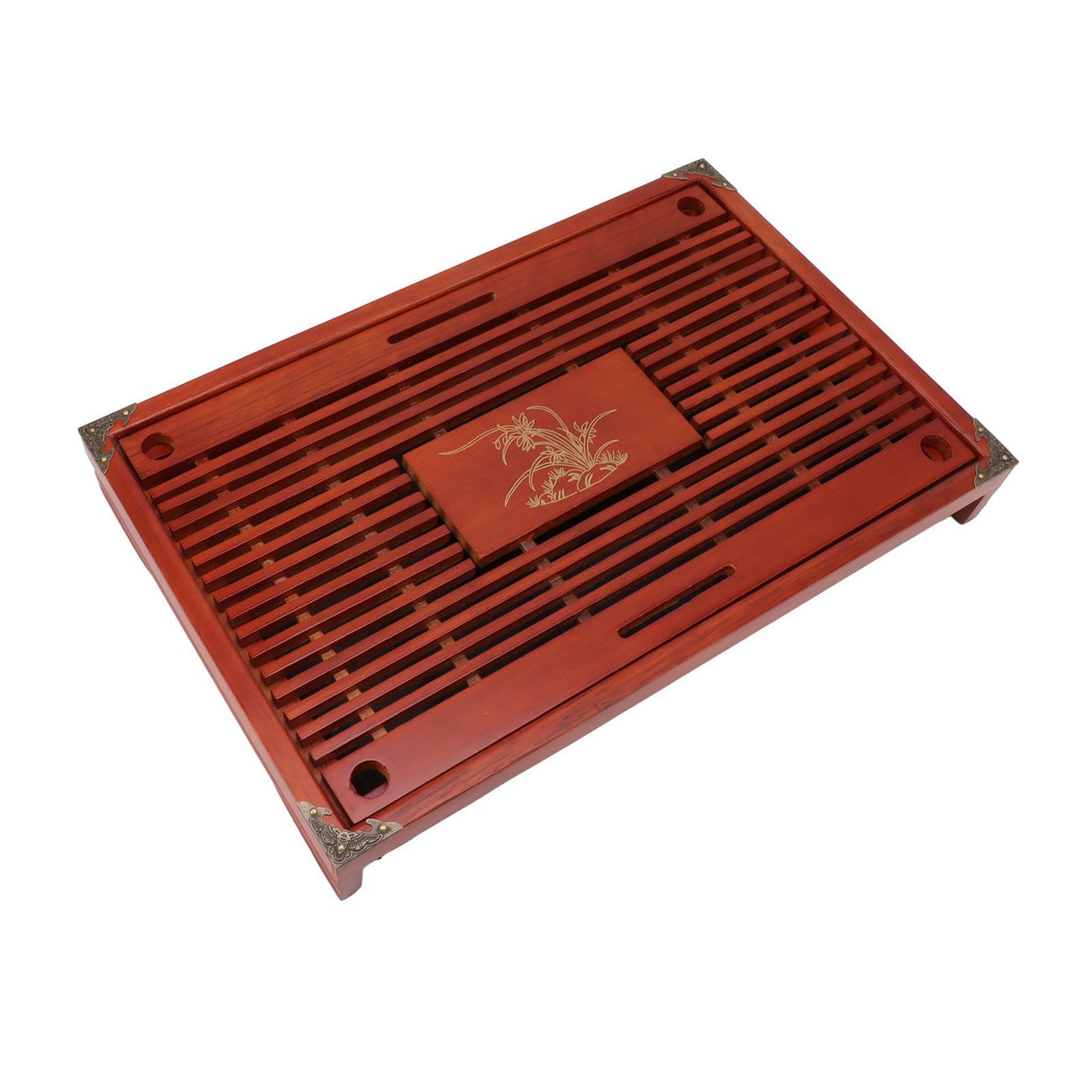 Chinese Style Kongfu Tea Tray Wooden Teaboard Drainage Water Storage Serving Tray Orchid Pattern Dark Red