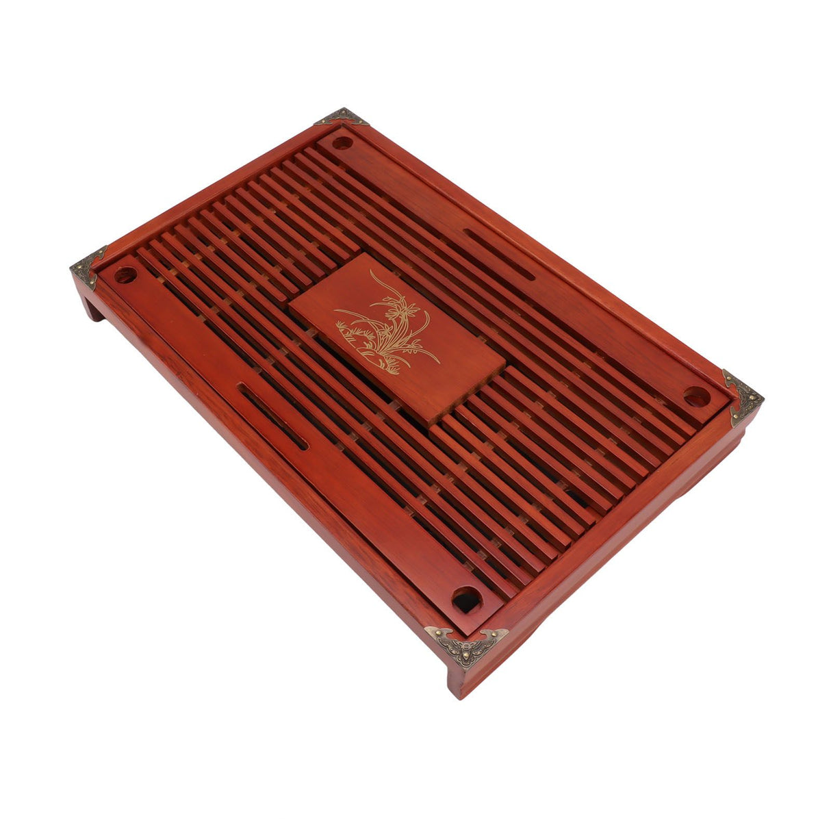 Chinese Style Kongfu Tea Tray Wooden Teaboard Drainage Water Storage Serving Tray Orchid Pattern Dark Red