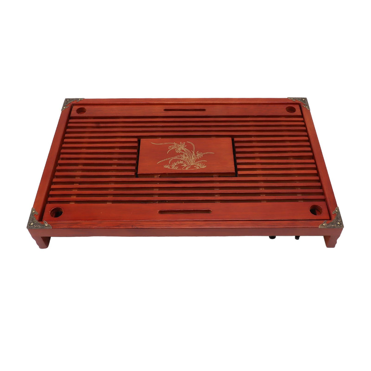 Chinese Style Kongfu Tea Tray Wooden Teaboard Drainage Water Storage Serving Tray Orchid Pattern Dark Red