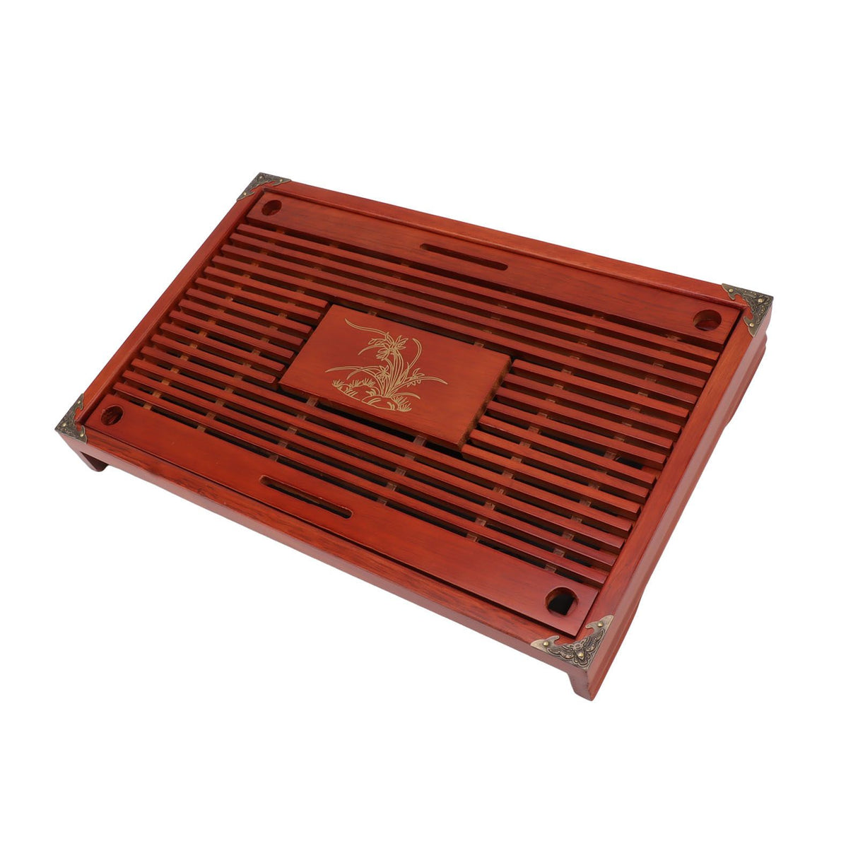 Chinese Style Kongfu Tea Tray Wooden Teaboard Drainage Water Storage Serving Tray Orchid Pattern Dark Red