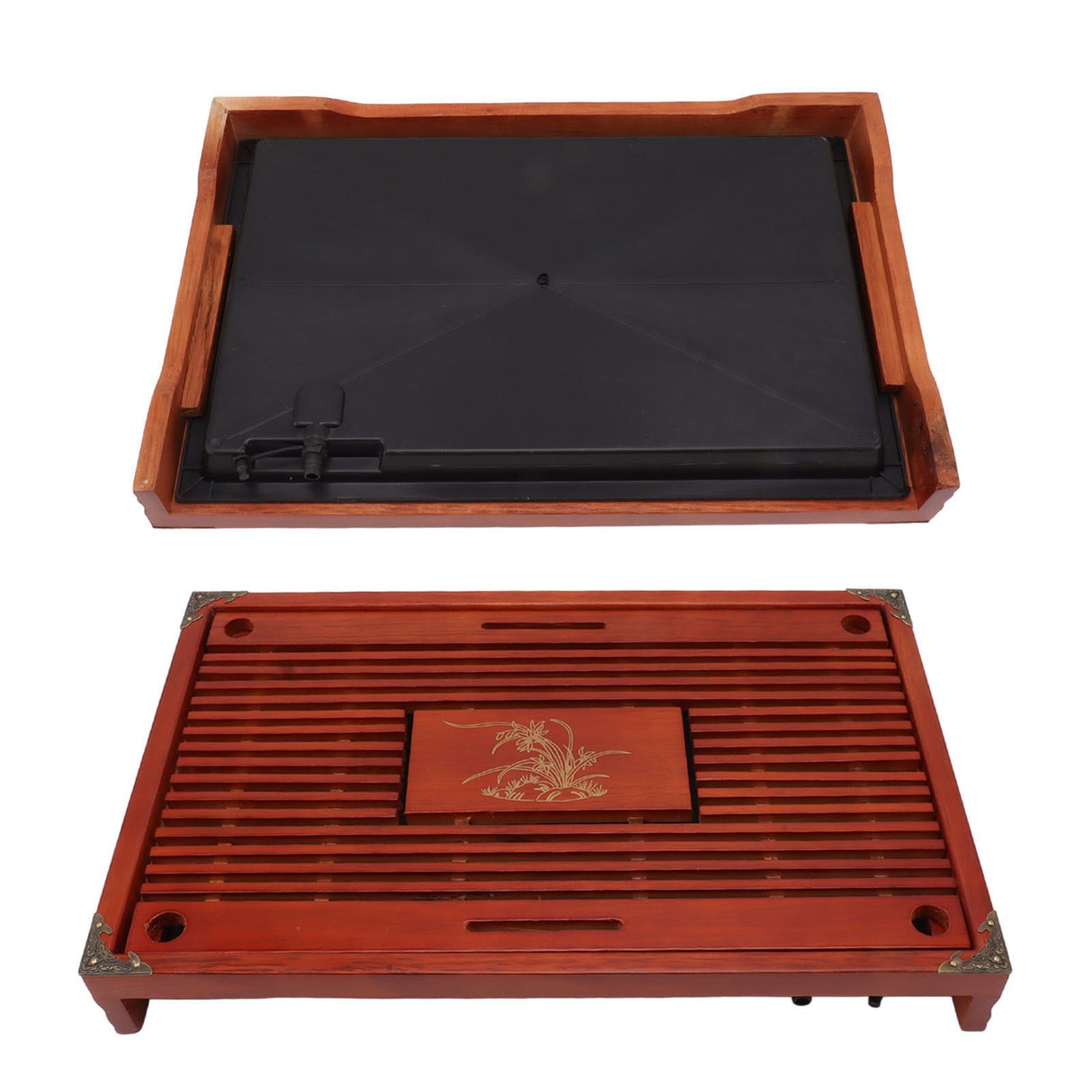 Chinese Style Kongfu Tea Tray Wooden Teaboard Drainage Water Storage Serving Tray Orchid Pattern Dark Red