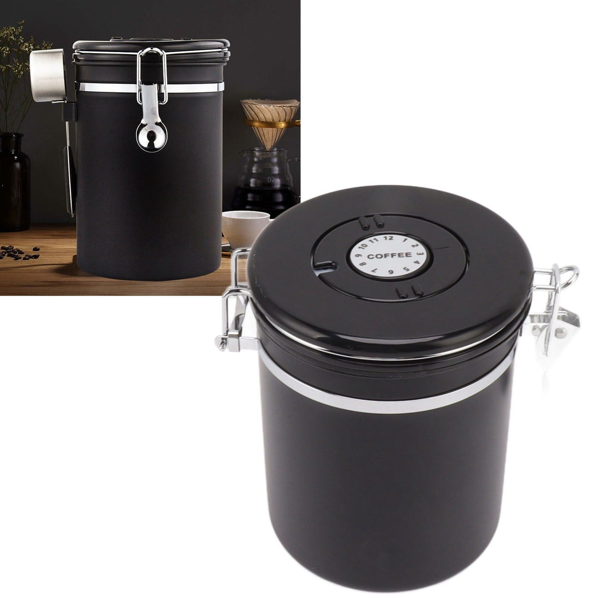 Coffee Bean Storage Container 304 Stainless Steel Exhaust Valve Coffee Bean Sealed Tank with Date Tracker and Scoop 1.8L (12x18cm / 4.7x7.1in)